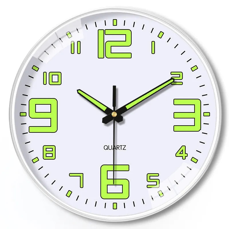 20cm modern wall clock with luminous hands and a thick plastic shell in multiple colour options.