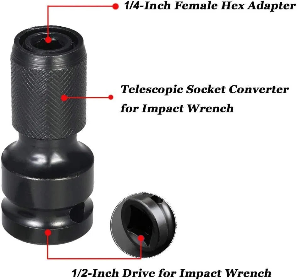 Steel scaling bit holder adapter for converting a 1/2-inch wrench drive to 1/4-inch hex bits.
