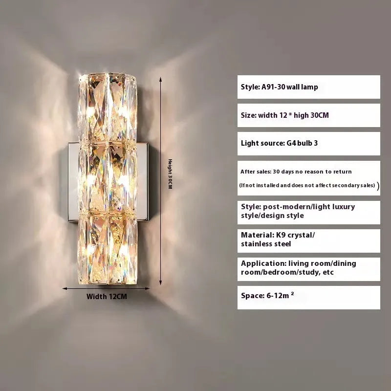 Crystal shade wall lamp with stainless steel body in chrome or gold finish, shown in multiple sizes.