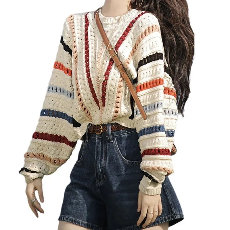 Rainbow striped batwing sleeve pullover sweater with hollow knit design
