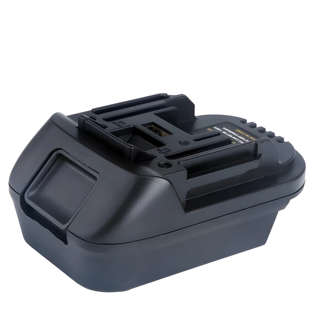 Black battery adapter converting Milwaukee DM18M to Makita H99F power tool batteries