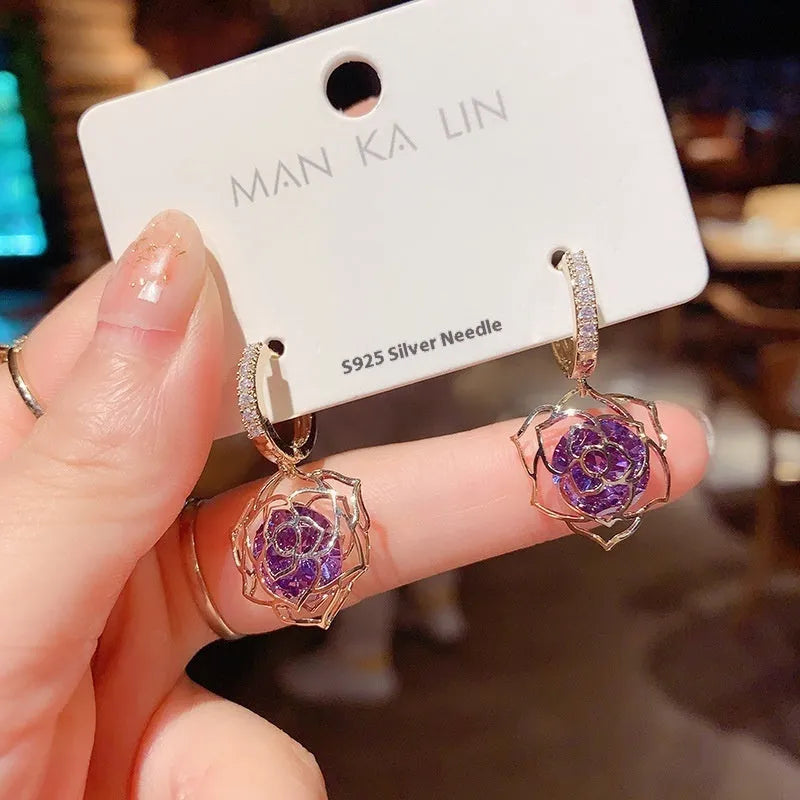 Copper geometric earrings with zircon stones and electroplated rose detail in various colour options for women