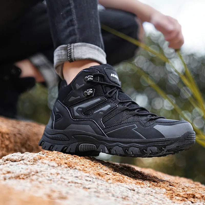 Low top hiking sneakers with rubber sole and flannel upper in black gray light brown pink or purple for mountain climbing