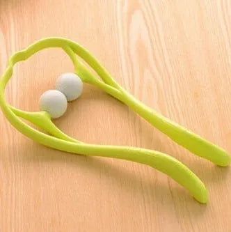Plastic hand-held neck and shoulder massage roller in blue, with adjustable stand and 3D floating-point massage head.