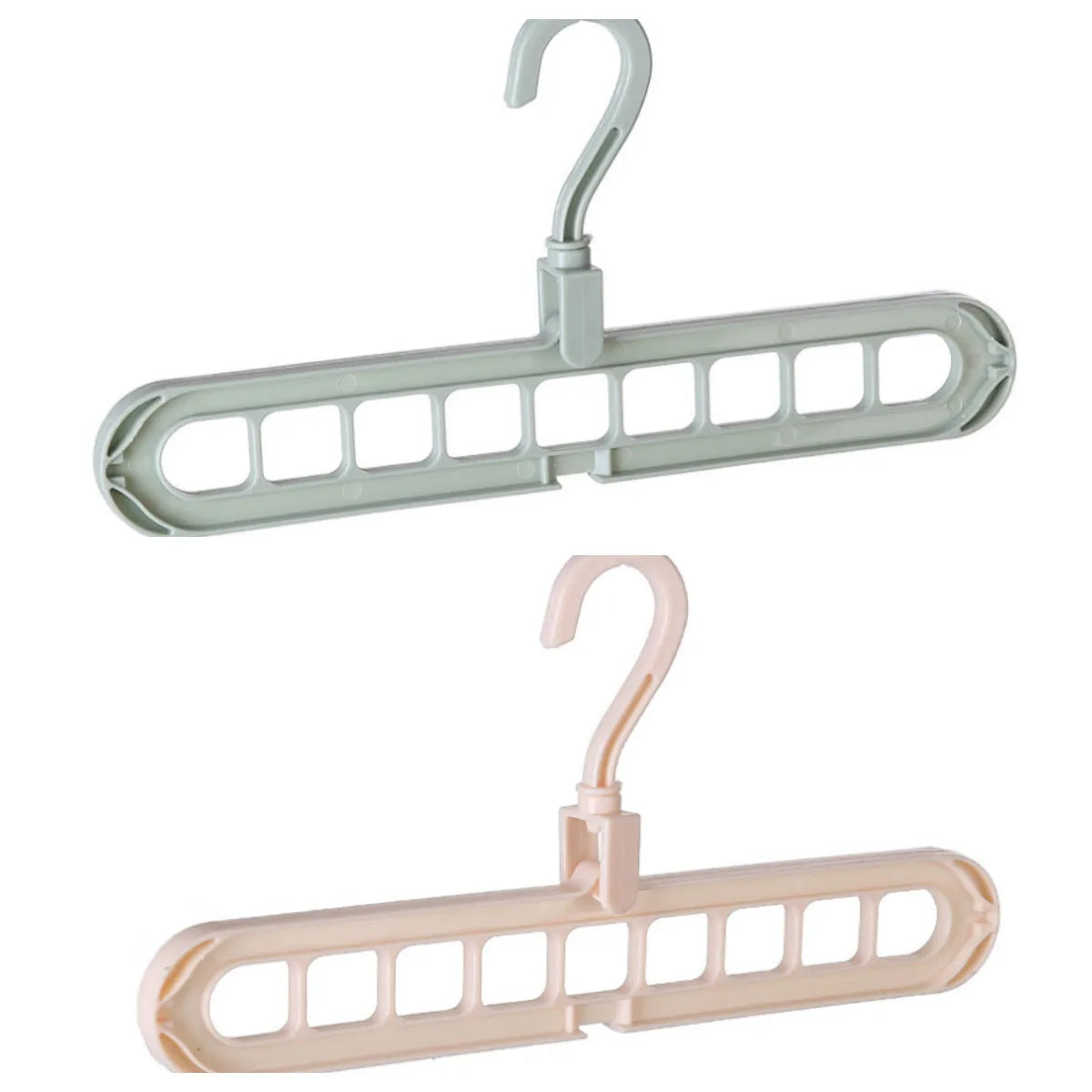 Plastic clothes hanger with rotating hook shown in pink, dimensions 33 cm long by 17 cm high