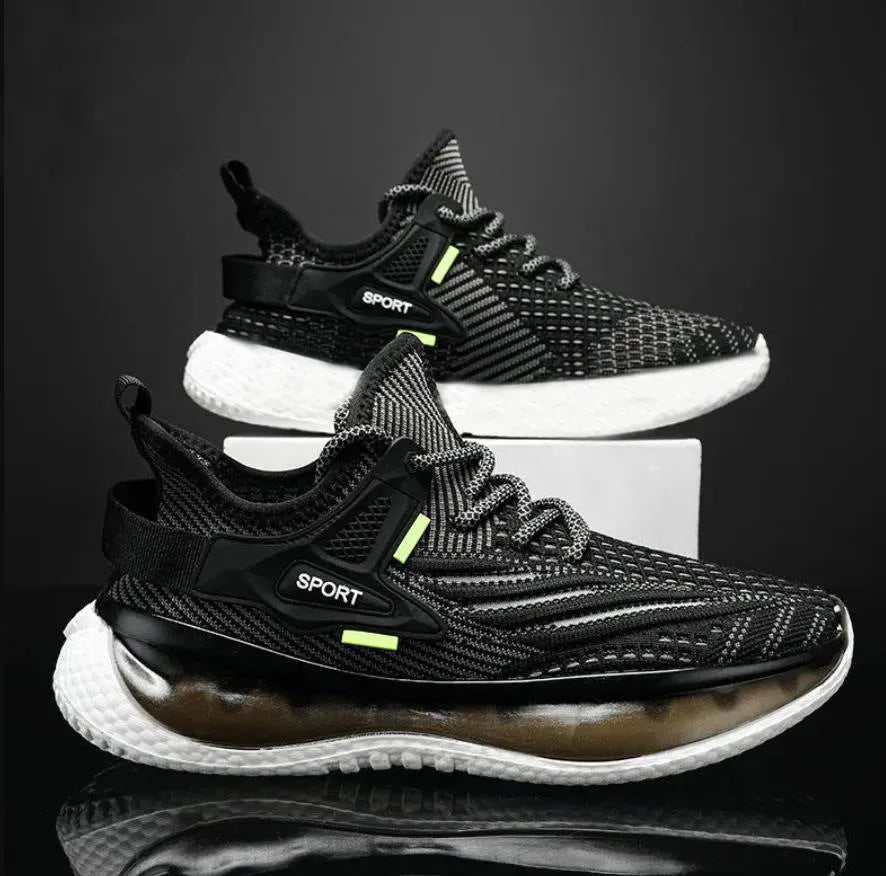 Men's white casual mesh sneakers with a flat platform heel and round toe on a light background.