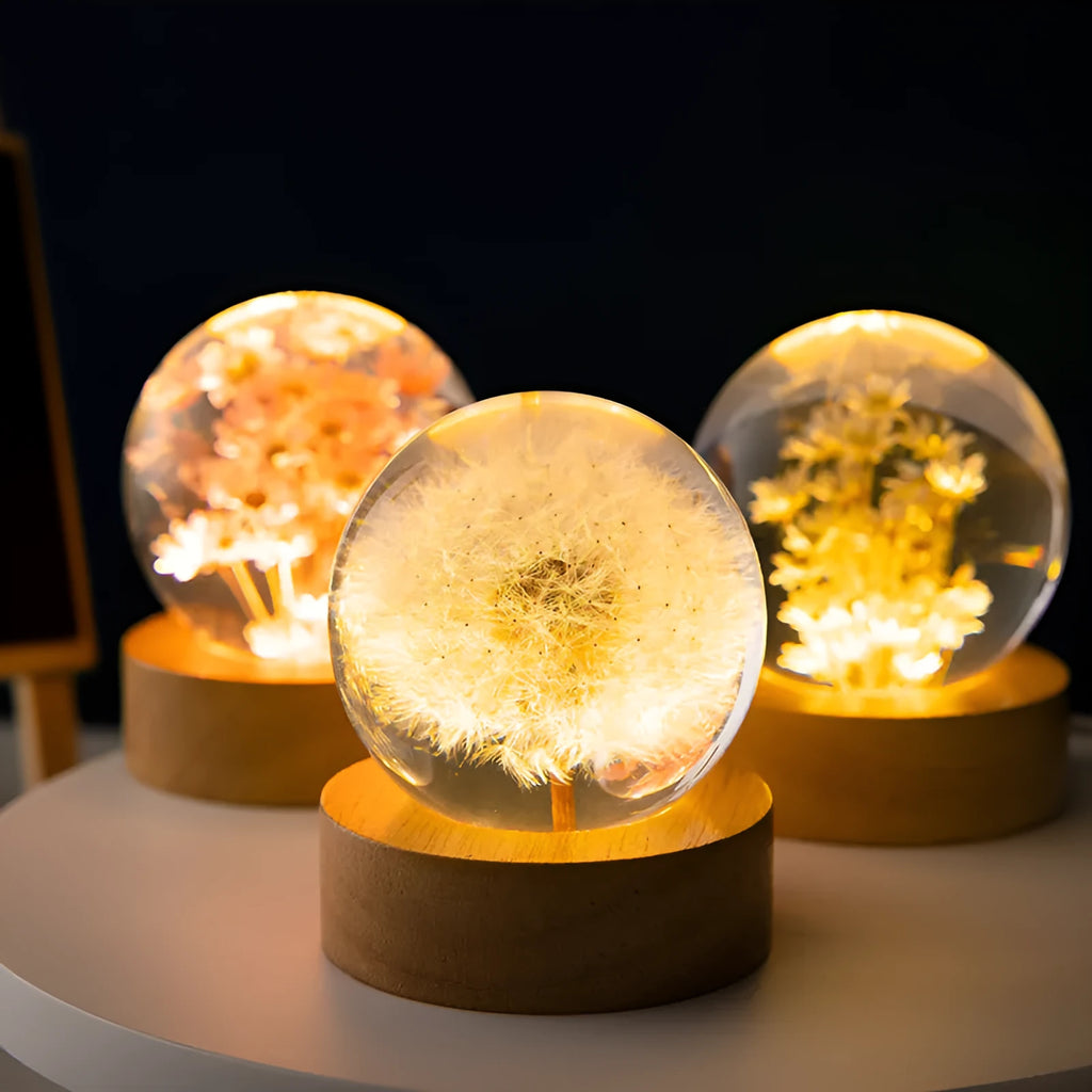3D dandelion inside crystal ball night light on beech wood stand, USB cable attached