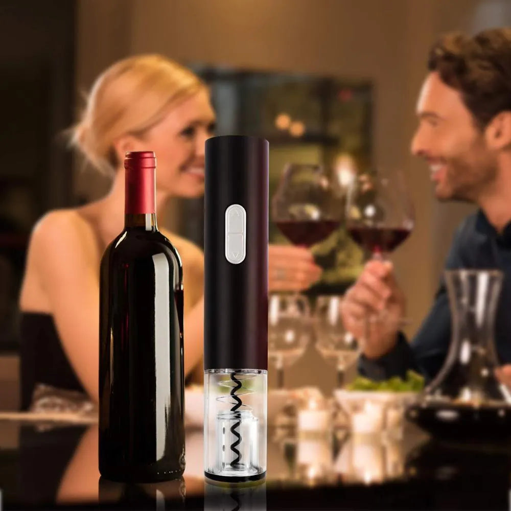 Automatic electric wine bottle opener with foil cutter in black, red, or white colours.