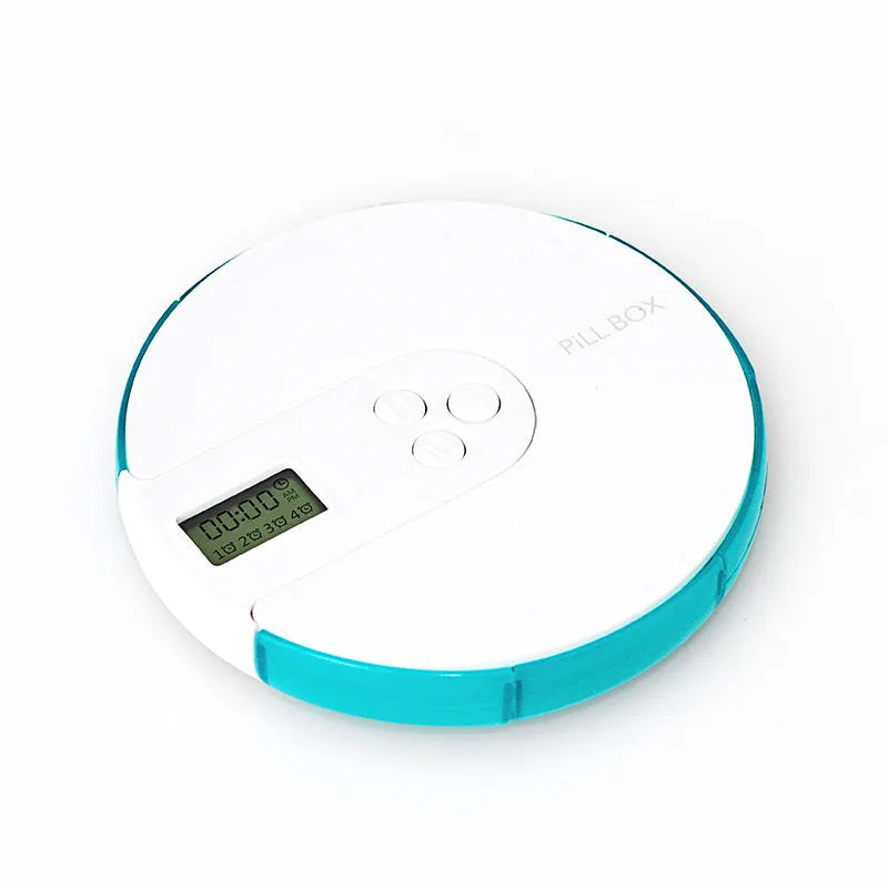 Seven-compartment electronic pill dispenser with alarm clock display, shown in multiple colour options.