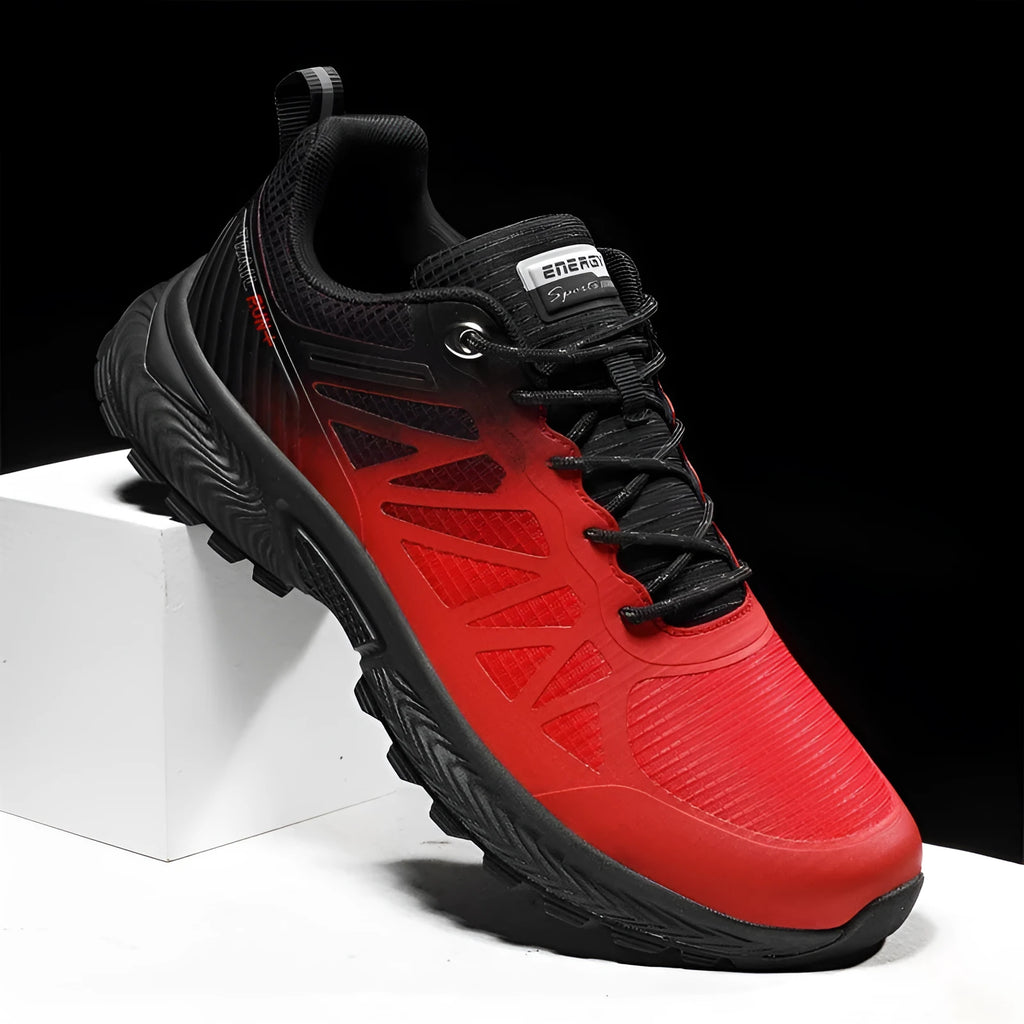 Men's breathable mesh outdoor running shoes in black, shown with lace-up front and round toe
