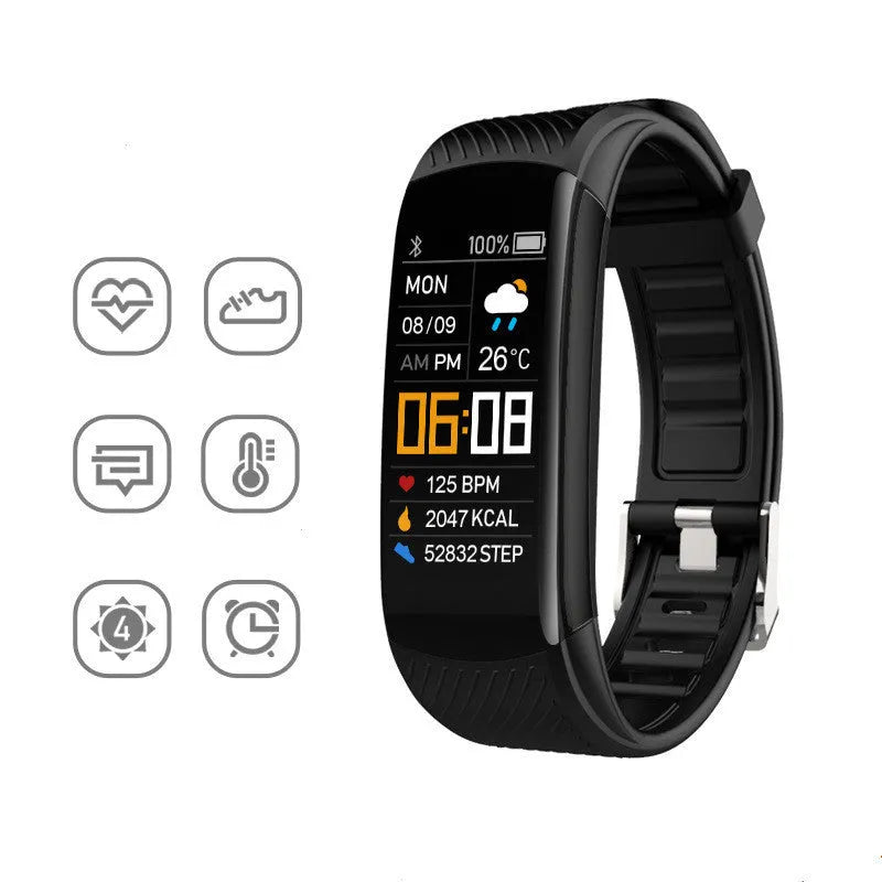 Black TPU sports pedometer bracelet with 0.96-inch touch screen on wrist