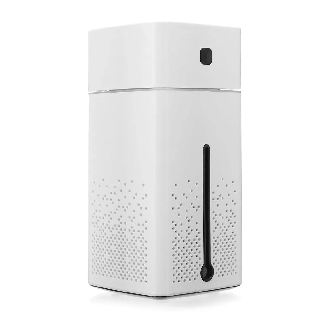 Black or white desktop humidifier measuring 103mm by 103mm by 218mm with USB cable