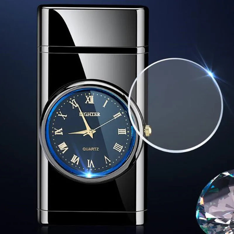 Personalized electronic watch lighter with LED lamp in metal body showing multiple functions