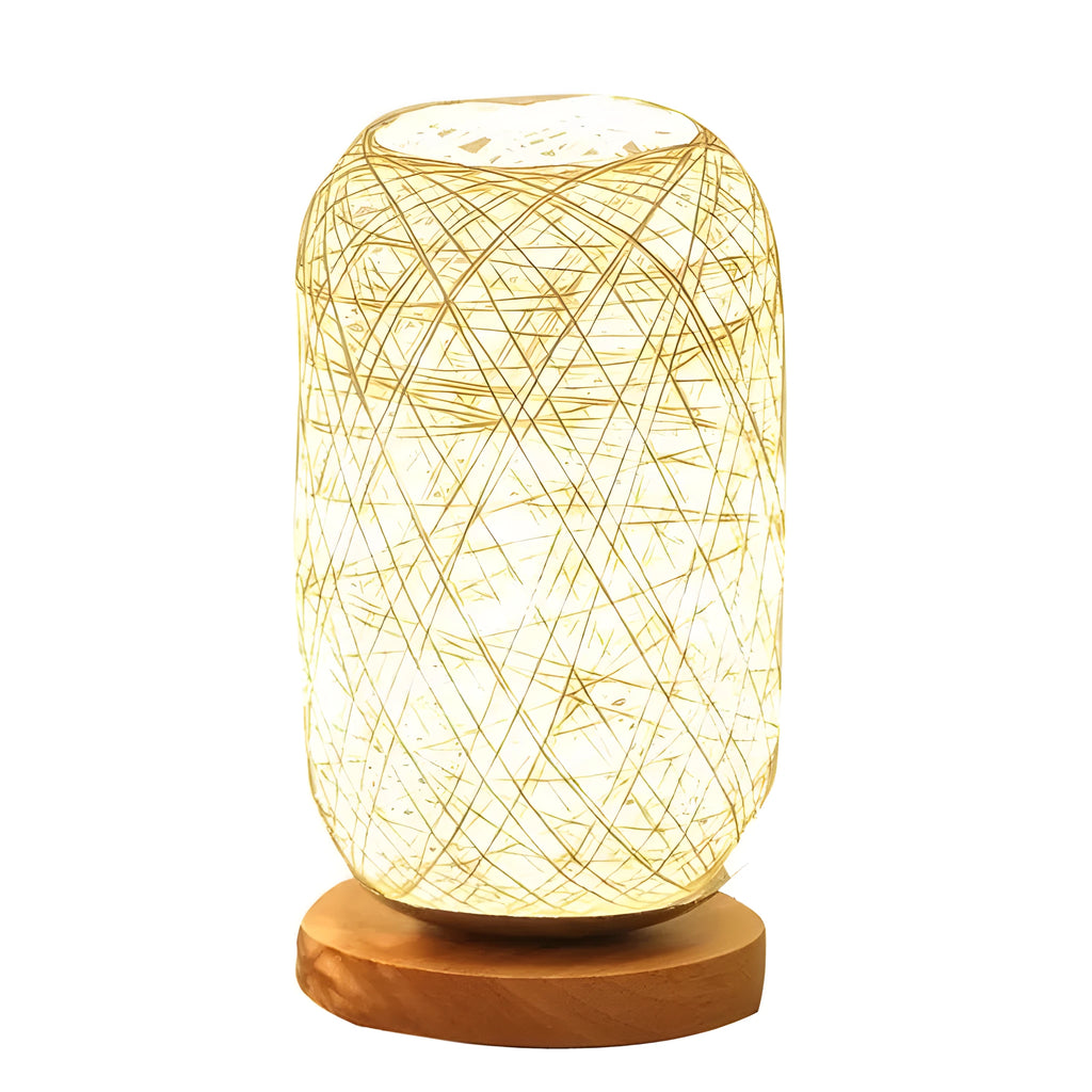 Brown woven hemp rope Sepak Takraw desk lamp with solid wood base and USB cable