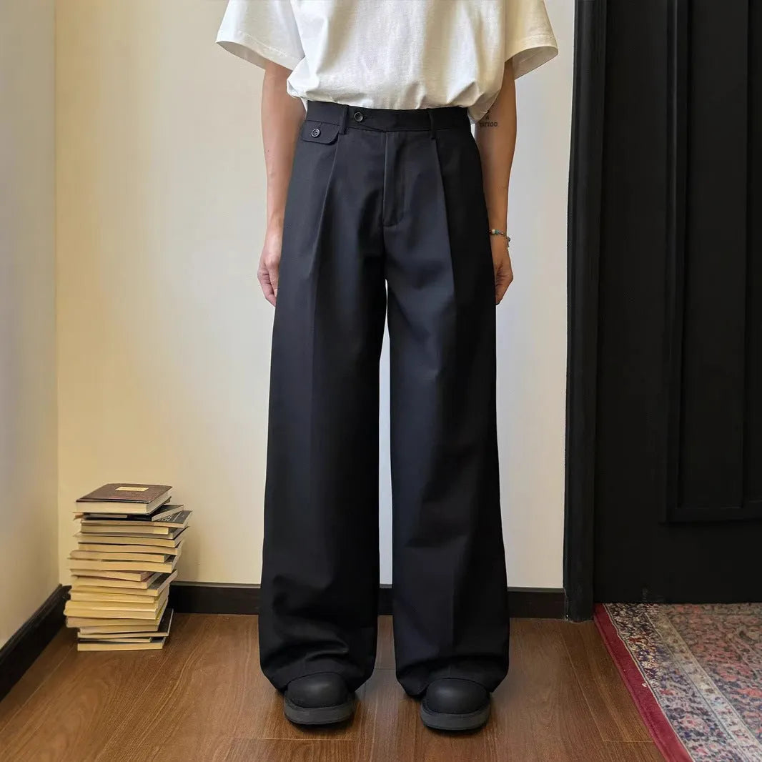 Men's straight-leg casual trousers in black or brown with wide-leg cut and polyester blend fabric