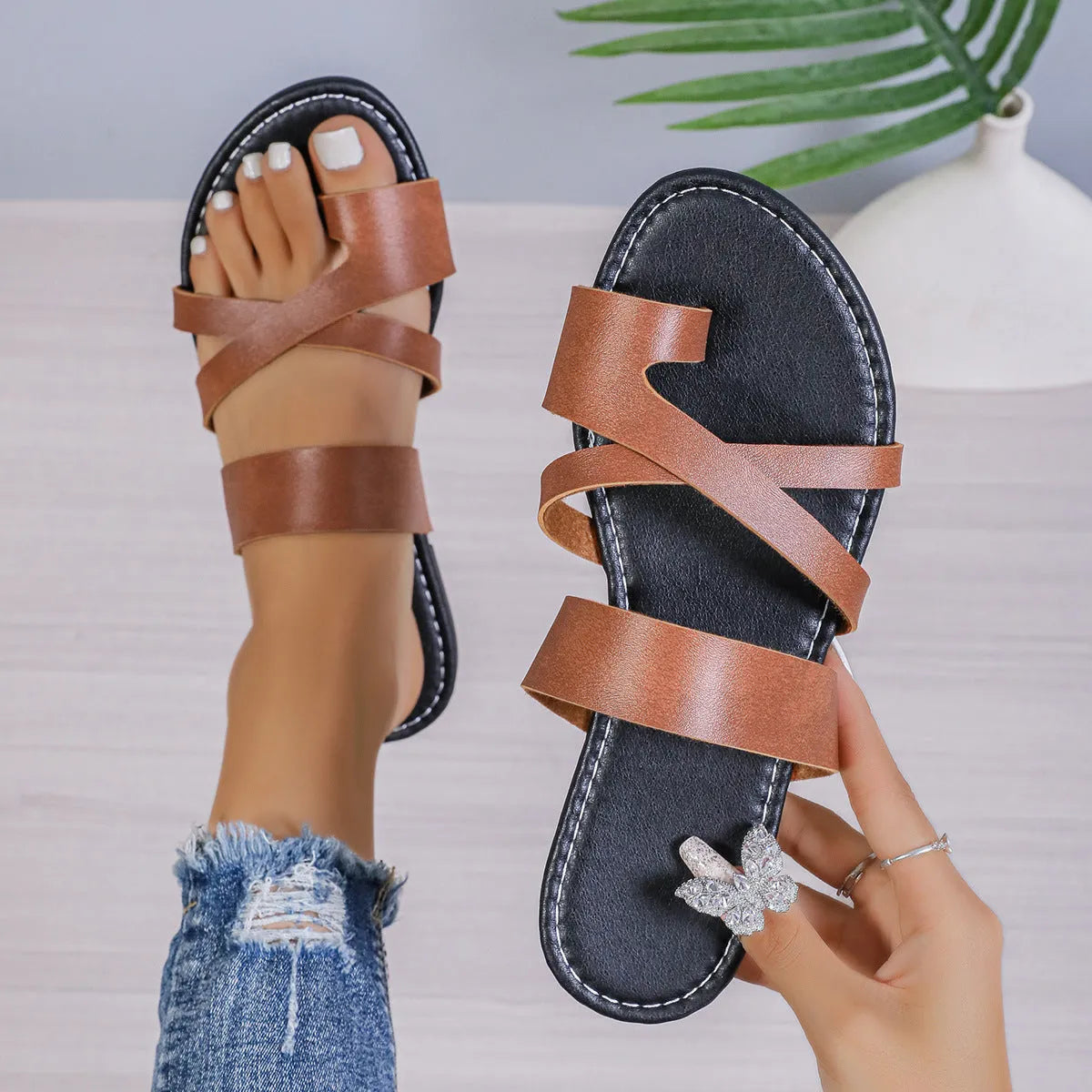 Solid colour hollow-out beach slippers with a rubber sole, shown in black, brown, and wine red.