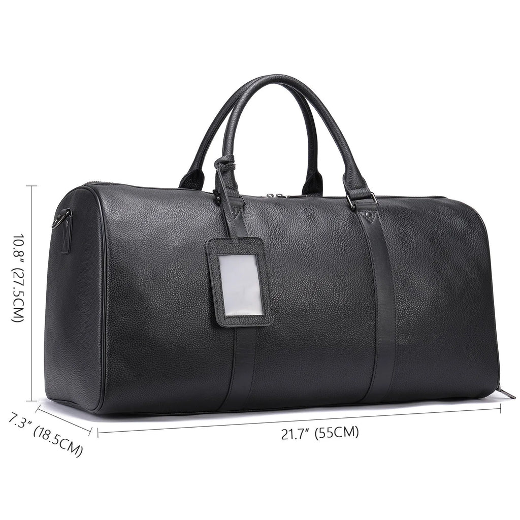 Men's black and coffee leather tote bag in 44cm and 55cm sizes with single shoulder strap