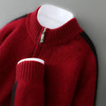 Half-zip wool sweater in slim fit with round neck, shown in one of four colours: Chinese Red, Grey, Pea Green, or Raw Velvet Camel
