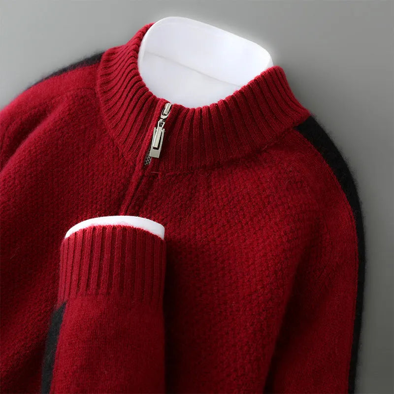 Half-zip wool sweater in slim fit with round neck, shown in one of four colours: Chinese Red, Grey, Pea Green, or Raw Velvet Camel