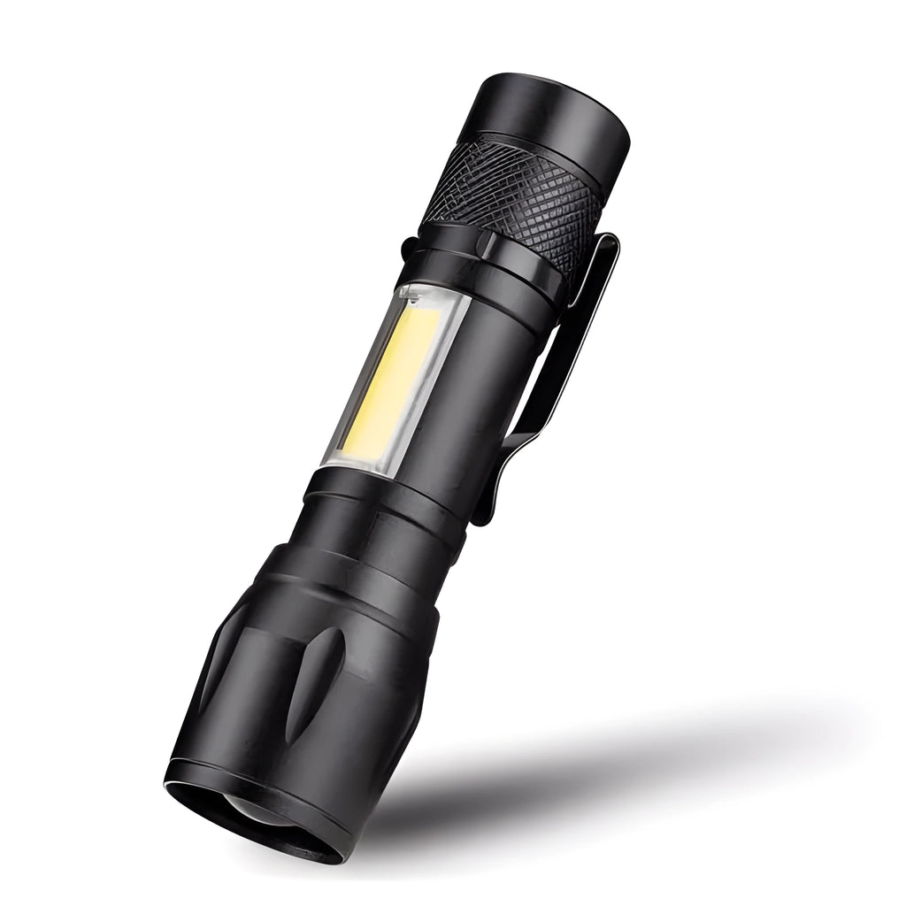 Black aluminium alloy mini telescopic flashlight with pocket clip and adjustable focus zoom.