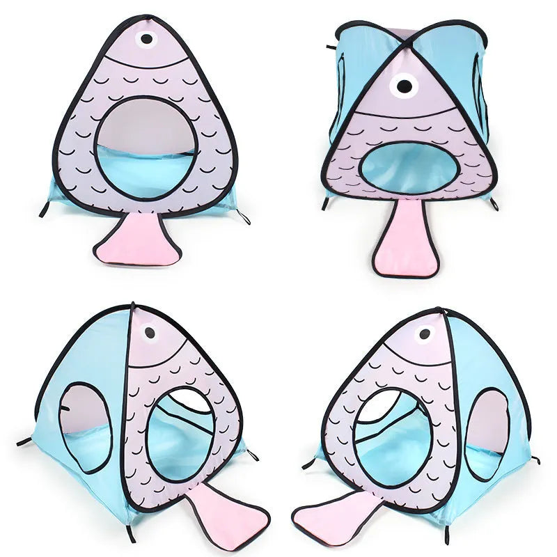 Foldable pet tent and tunnel set in a blue cat and fish design, showing the collapsible PP plastic frame.