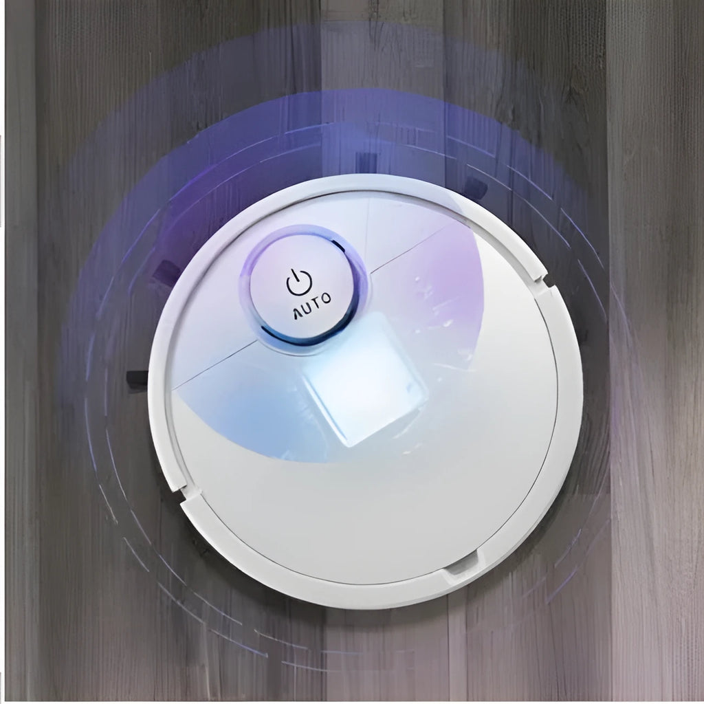 Automatic sweeping floor cleaner robot with compact black ABS body on a wooden floor.