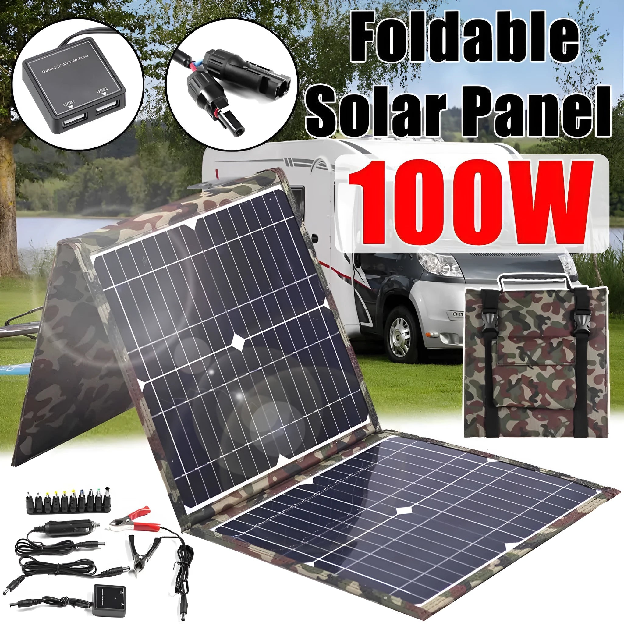Black foldable 36W portable solar panel unfolded, showing its solar cells and included car charger and USB accessories.