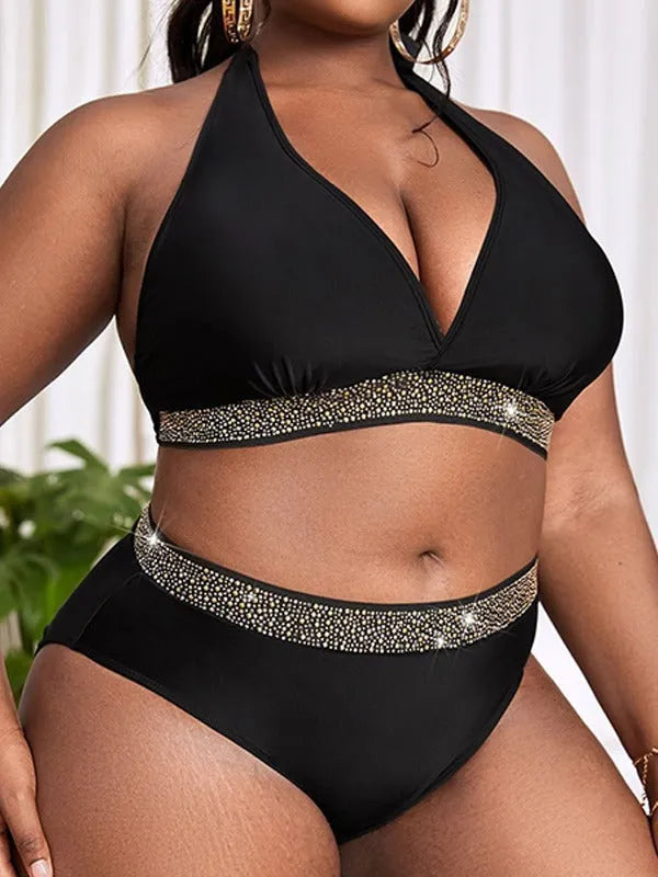 Black plus size women's bikini swimsuit showing bra and shorts two-piece design