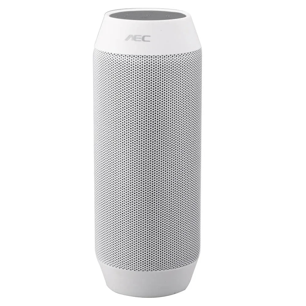 Mini black or white Bluetooth stereo speaker with colourful LED lights showing 360° sound design