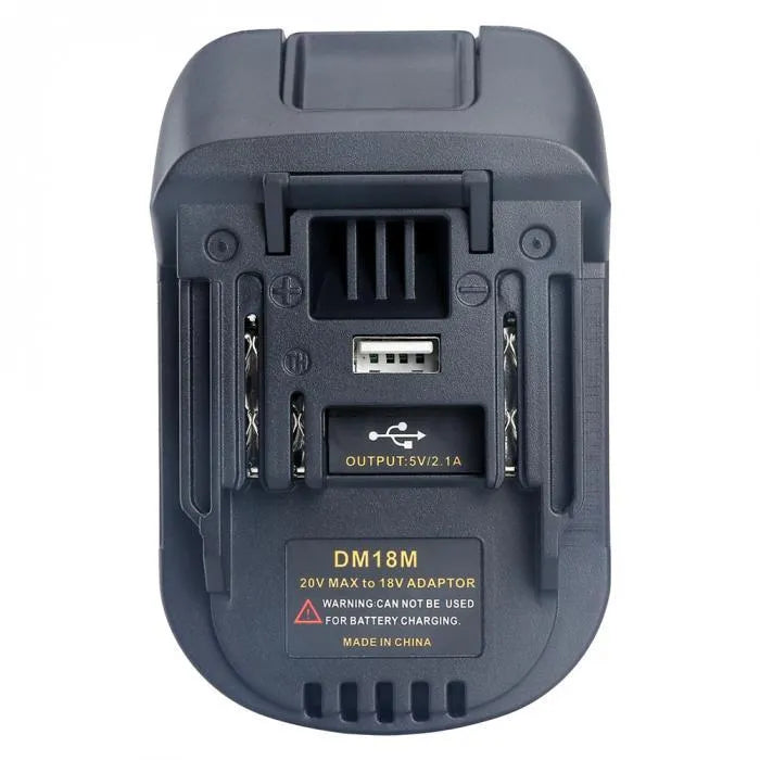 Black battery adapter converting Milwaukee DM18M to Makita H99F power tool batteries