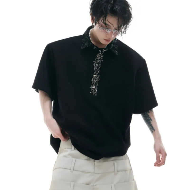 Men's black polyester polo shirt with embroidery and sequin detailing, square collar and short sleeves