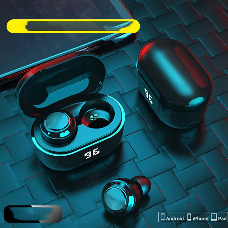 Black stereo Bluetooth 5.0 headset earbuds with power display and NFC function
