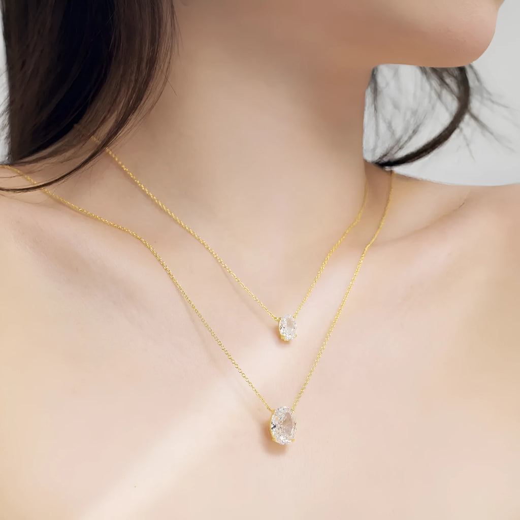 925 sterling silver necklace with geometric oval ice flower pendant in platinum or gold electroplated finish