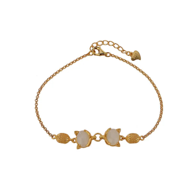 925 silver fox bracelet for women with Hetian jade style bead, 17cm chain and 3cm extension