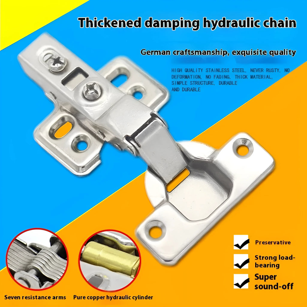 A nickel-plated cold rolled steel hydraulic hinge for cabinets, showing its damping mechanism and bend style.