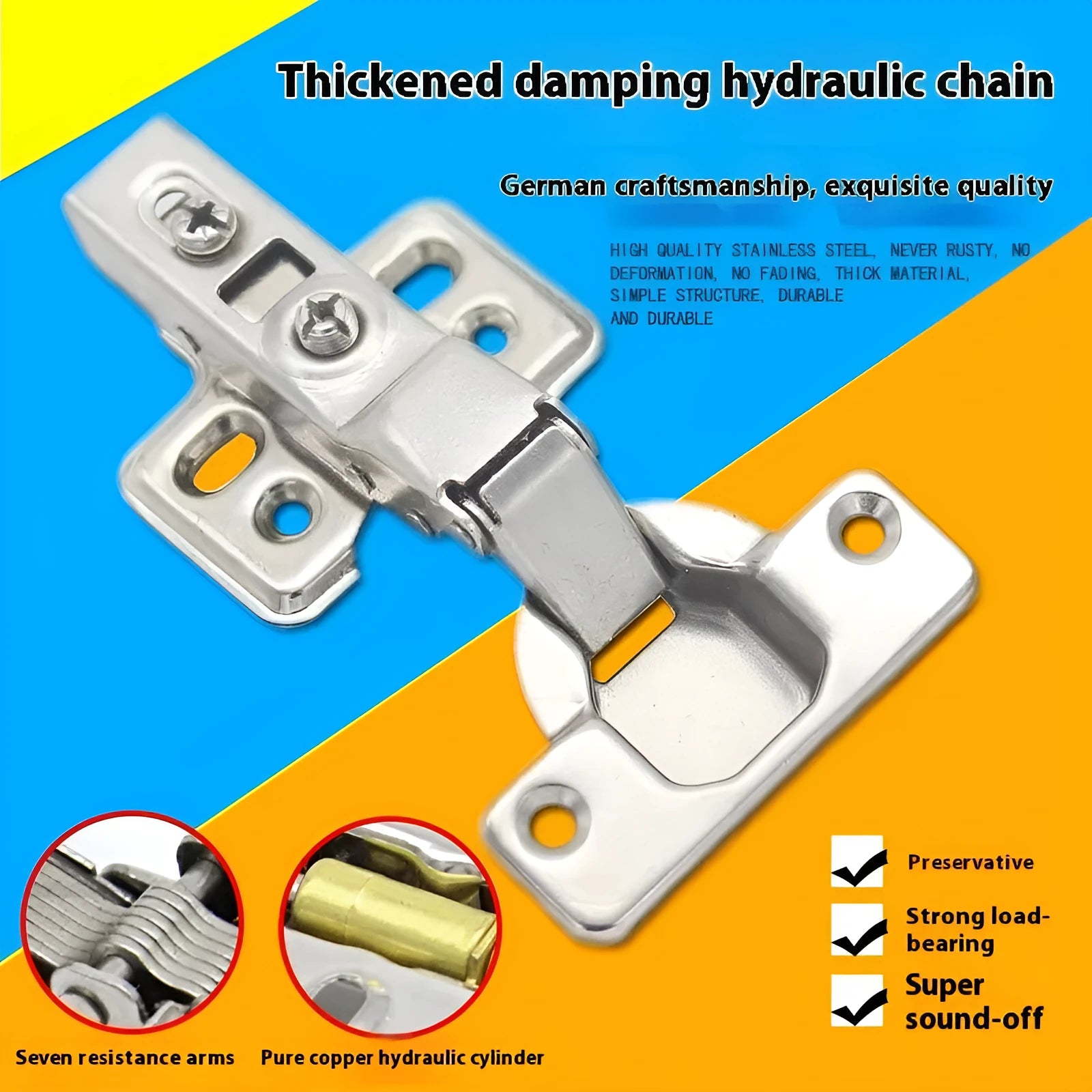 A nickel-plated cold rolled steel hydraulic hinge for cabinets, showing its damping mechanism and bend style.