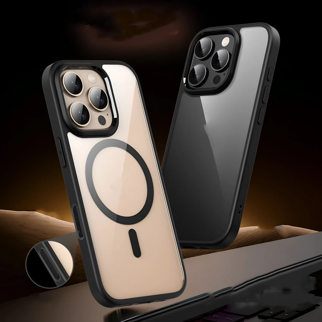 Black transparent magnetic phone case for iPhone 16 models showing magnetic ring and protective edges