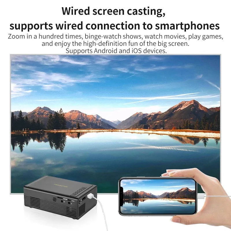 Portable mini projector in black colour with mobile phone connection cable and UK plug adapter