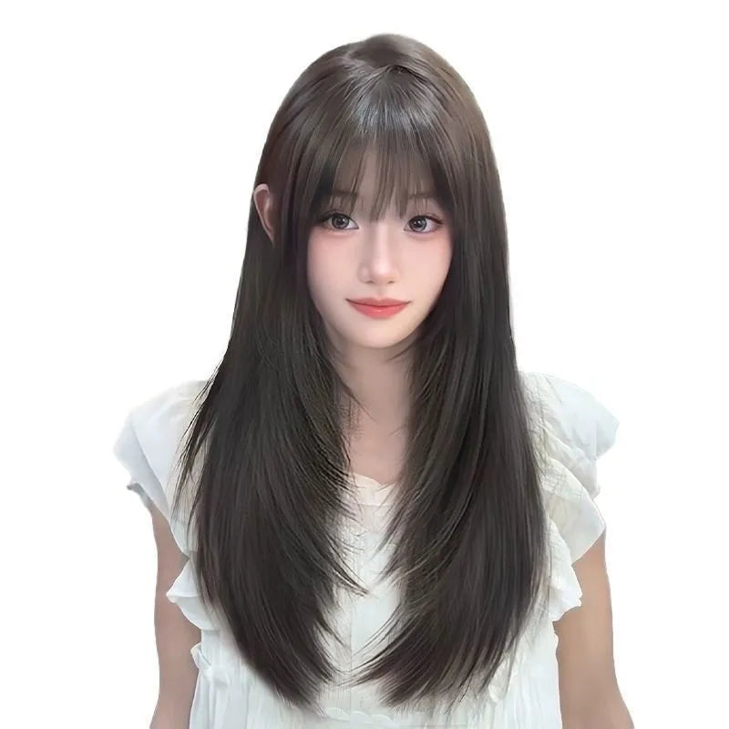 Black long straight high-layered wear-free hair net wig on display stand