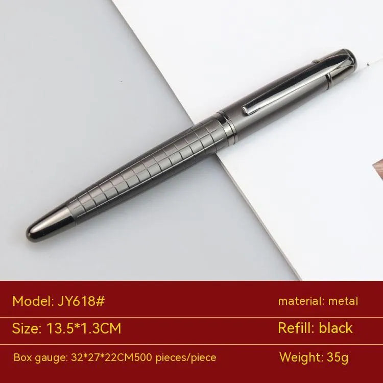 Gun gray metal roller pen showing 13.5cm length with black or blue ink refill options