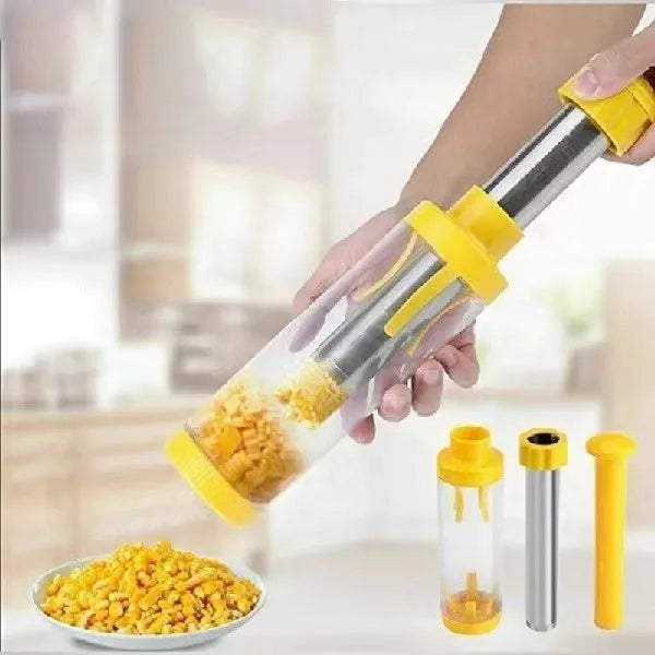 Yellow cylindrical manual corn stripper tool with ABS and stainless steel construction, 27cm high.