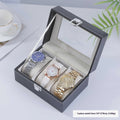 Grey high-grade leather watch storage box with transparent dustproof lid showing internal watch slots