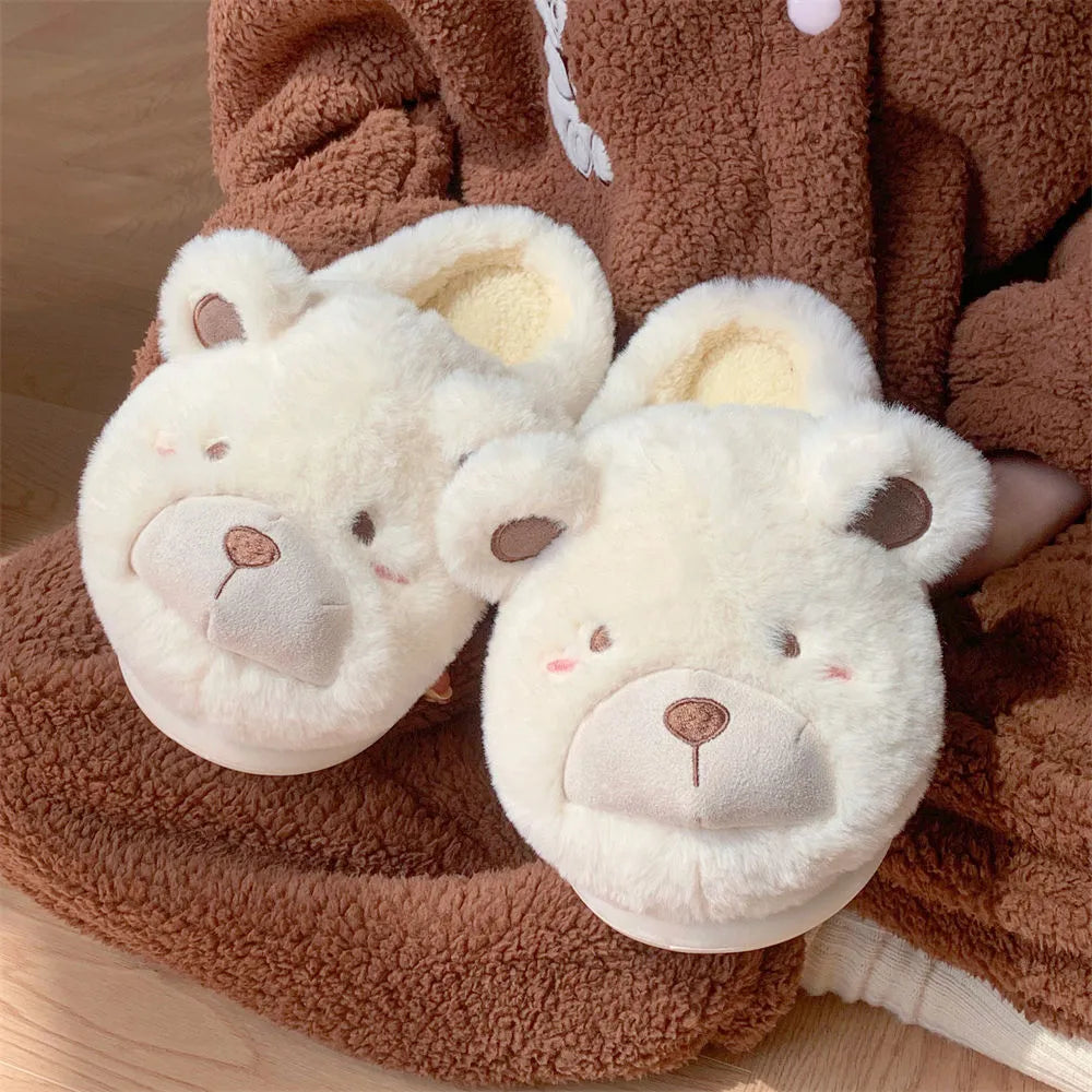 Women's cartoon pattern baotou plush slippers in khaki colour with round toe and suede upper