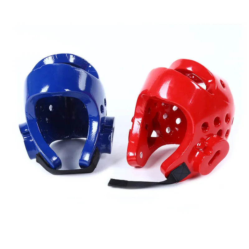 Red and blue karate protective gear set showing leg guards, helmet, and boxing gloves on a white background.