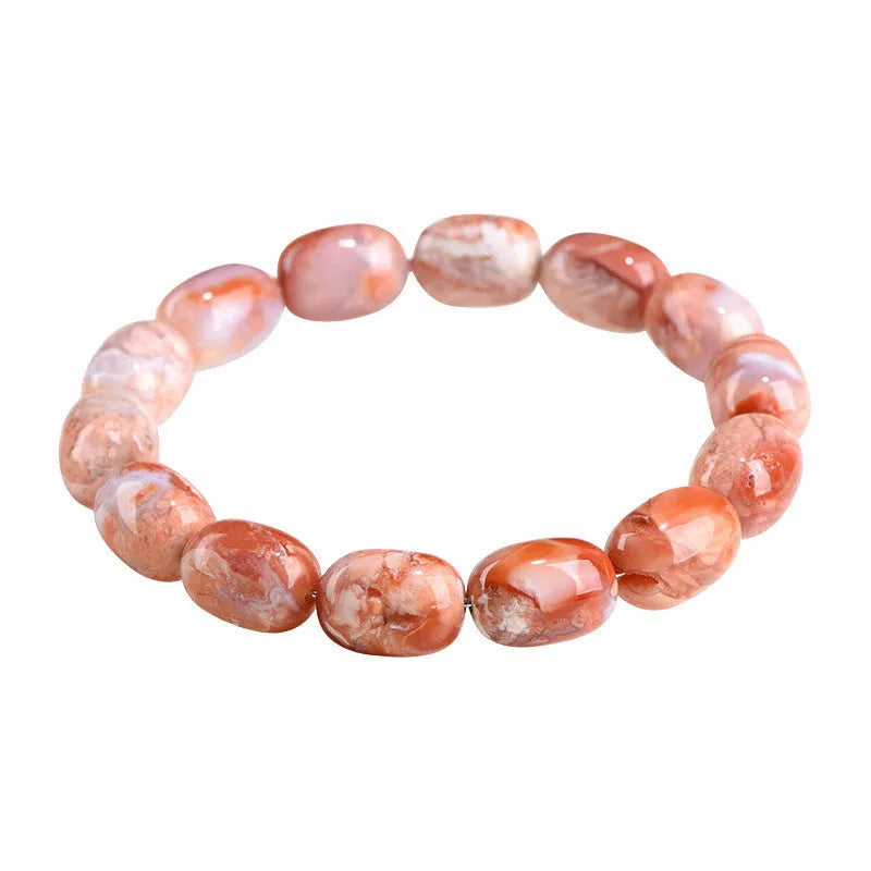 Natural cherry agate barrel bead bracelet with geometric design and ruyi elements