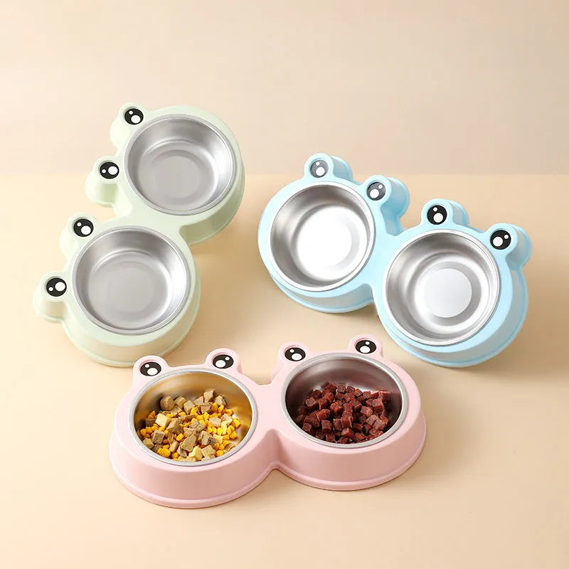Blue stainless steel one-piece double bowl for pet food and water.