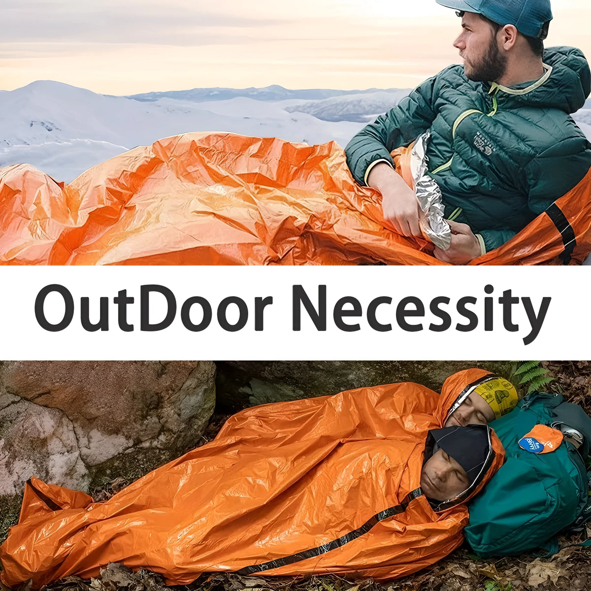 Portable emergency sleeping bag, blanket, and tent in green or orange, thermal and waterproof for camping and survival
