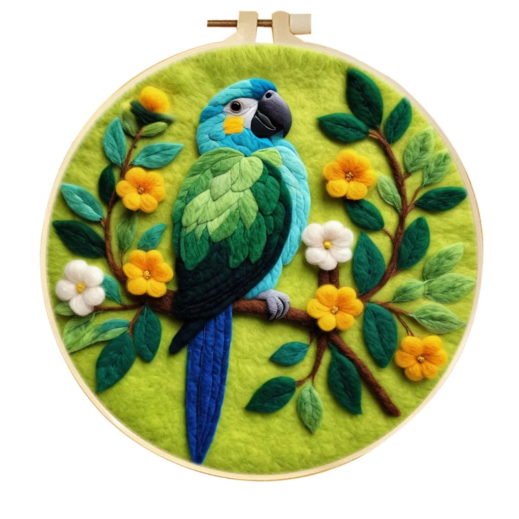 Round 20x20 cm linen embroidery kit with wool felt pieces and embroidery frame for botanical designs