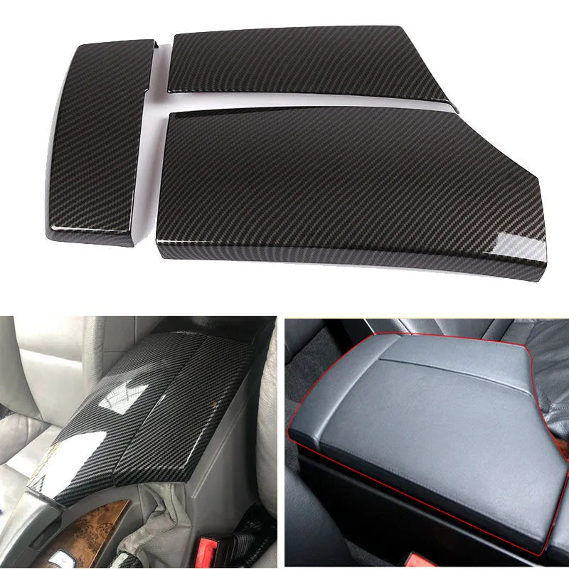 Set of three glossy black carbon fibre pattern ABS protective covers for a car armrest box.