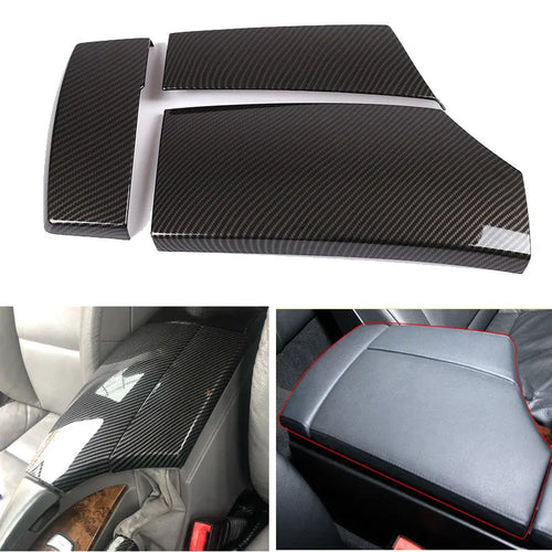 Set of three glossy black carbon fibre pattern ABS protective covers for a car armrest box.